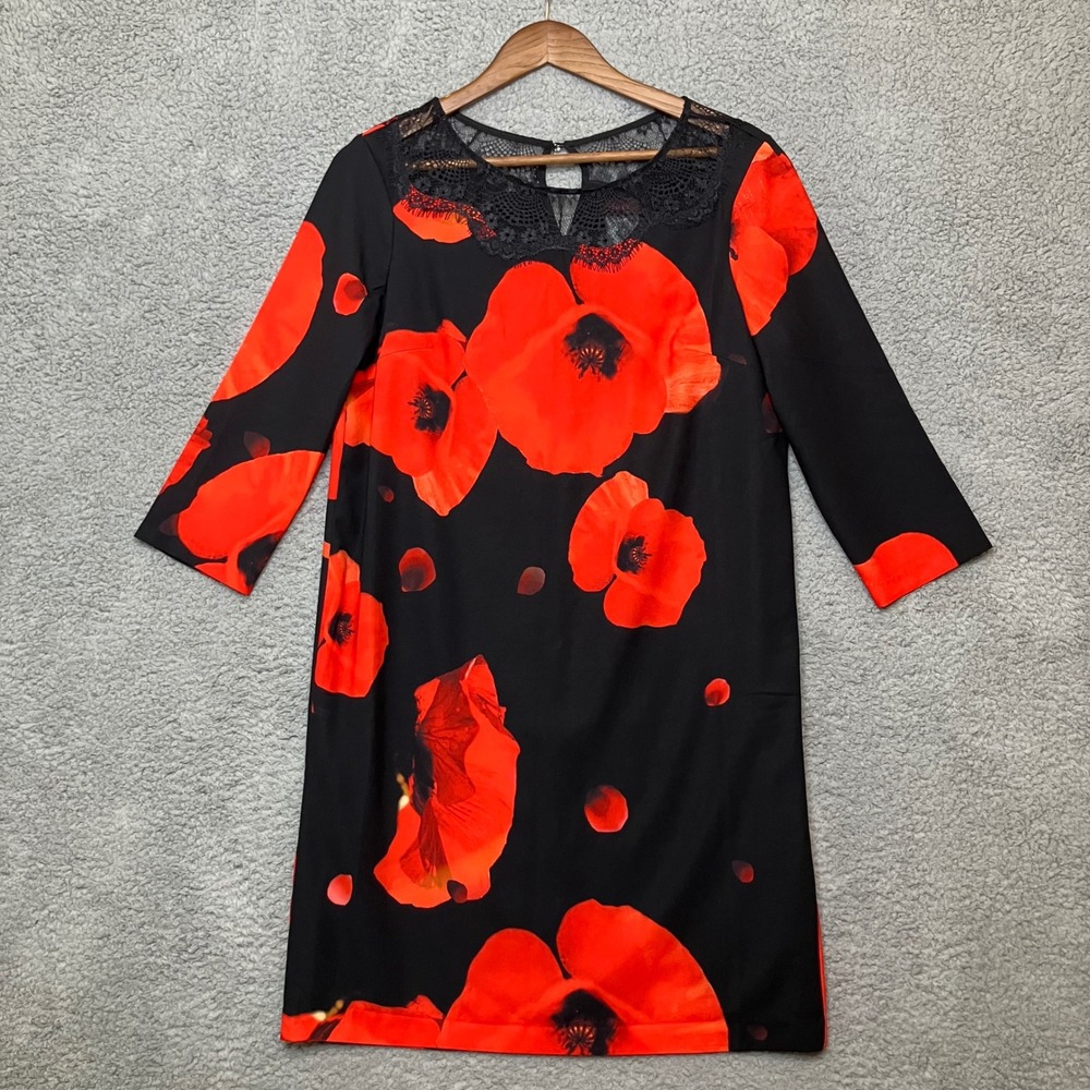Mark Avon Shift Dress Women M Red Bold Poppy Floral Black Lace Neck Whimsigoth
